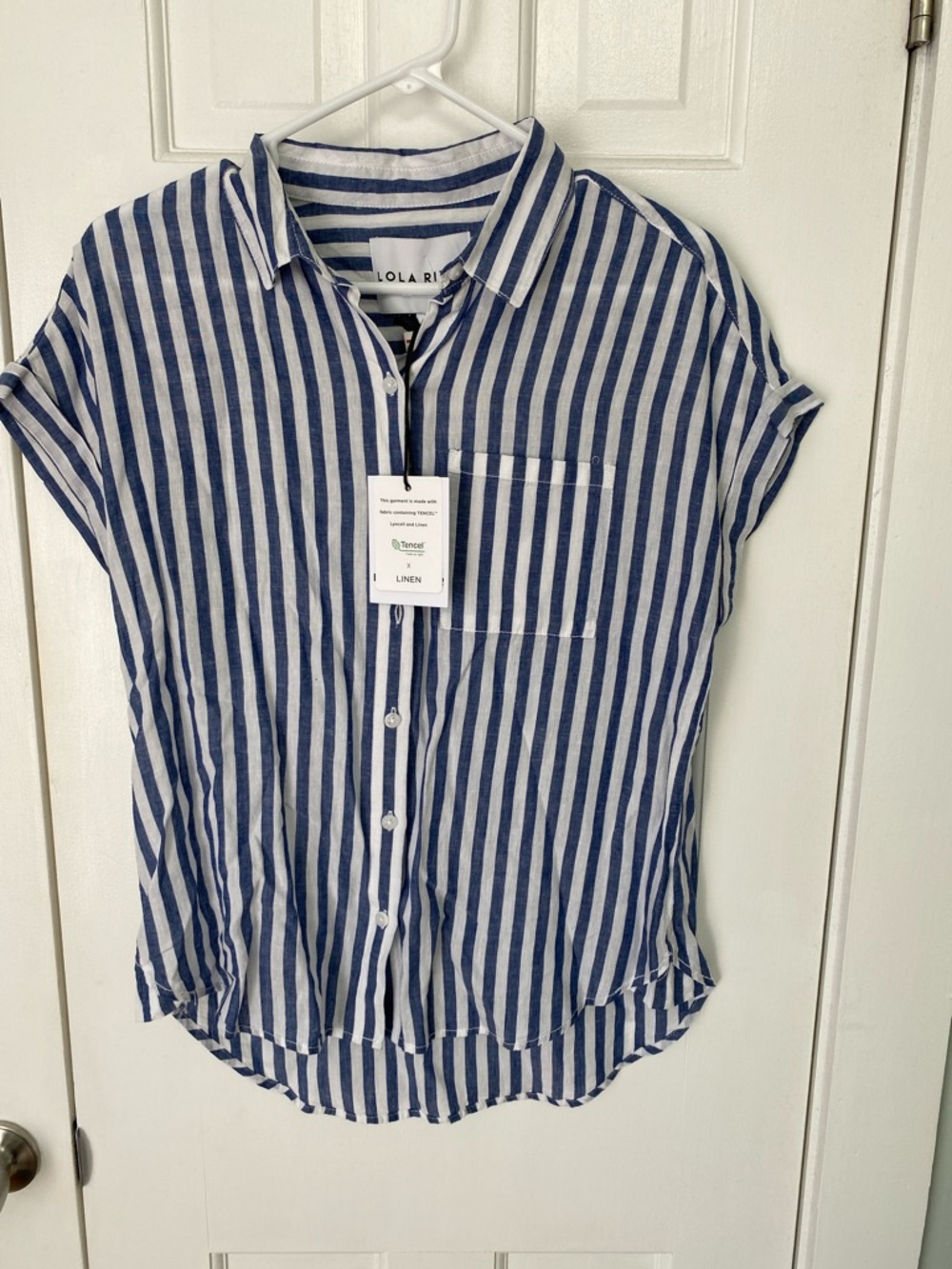 Striped Linen Button-Up Shirt in Blue & White